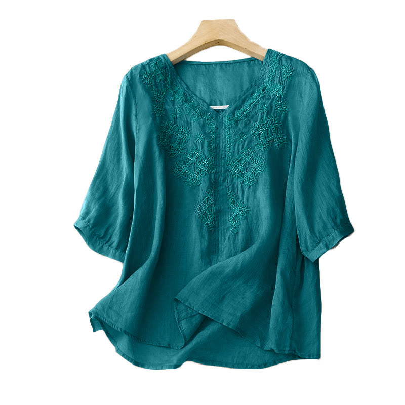 Nimara Ritual V-Neck Lines Embroidery Women's Half Sleeve Shirt