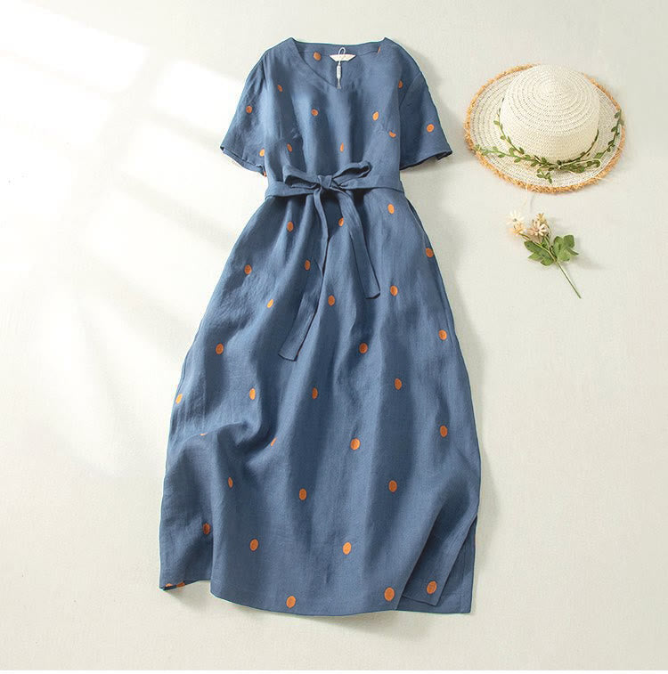 Nimara Ritual Casual Dot Pattern Short Sleeve Lace-up Cotton Linen Women's Midi Dress With Pockets