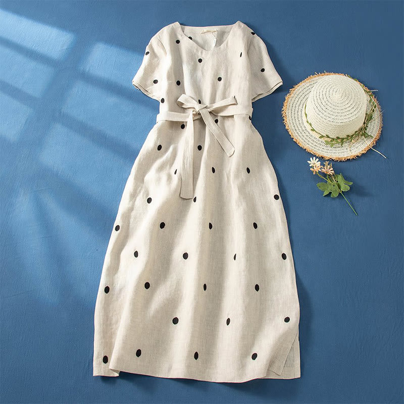 Nimara Ritual Casual Dot Pattern Short Sleeve Lace-up Cotton Linen Women's Midi Dress With Pockets