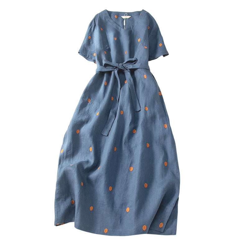 Nimara Ritual Casual Dot Pattern Short Sleeve Lace-up Cotton Linen Women's Midi Dress With Pockets