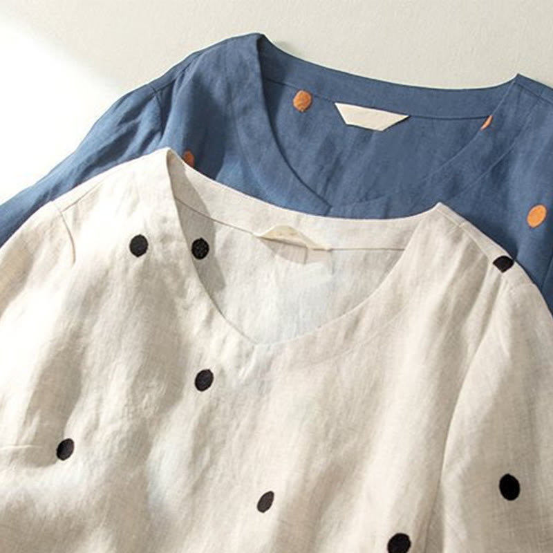 Nimara Ritual Casual Dot Pattern Short Sleeve Lace-up Cotton Linen Women's Midi Dress With Pockets