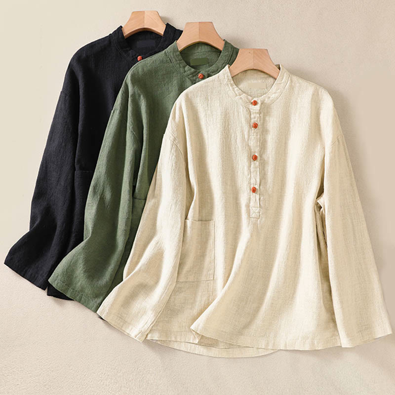Nimara Ritual Casual Buttons Crew Neck Women's Long Sleeve Shirt With Pockets