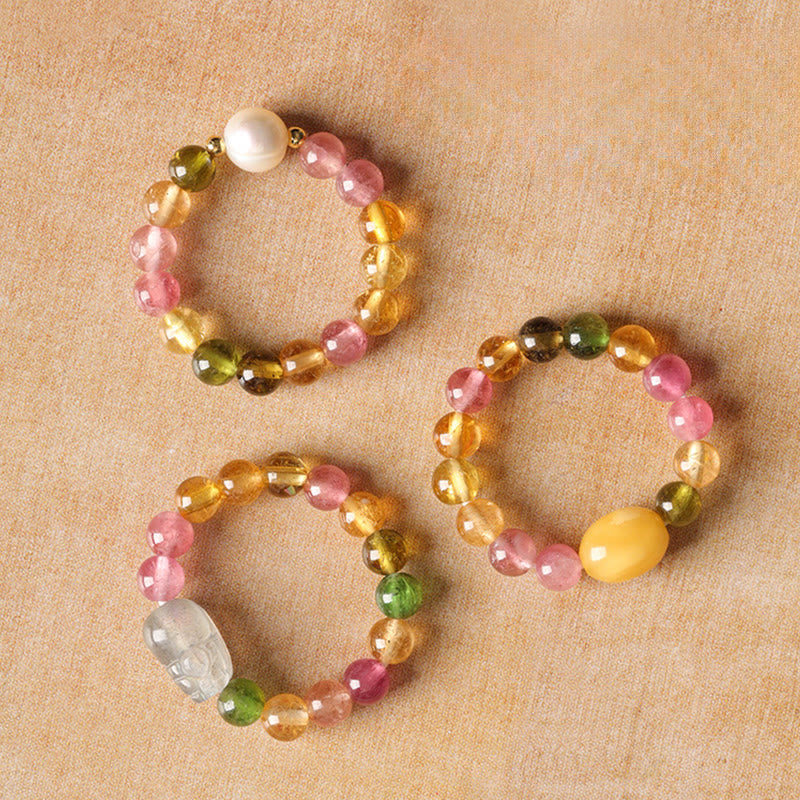Nimara Ritual Natural Tourmaline Lucky Pearl Pixiu Amber Positive Love Ring