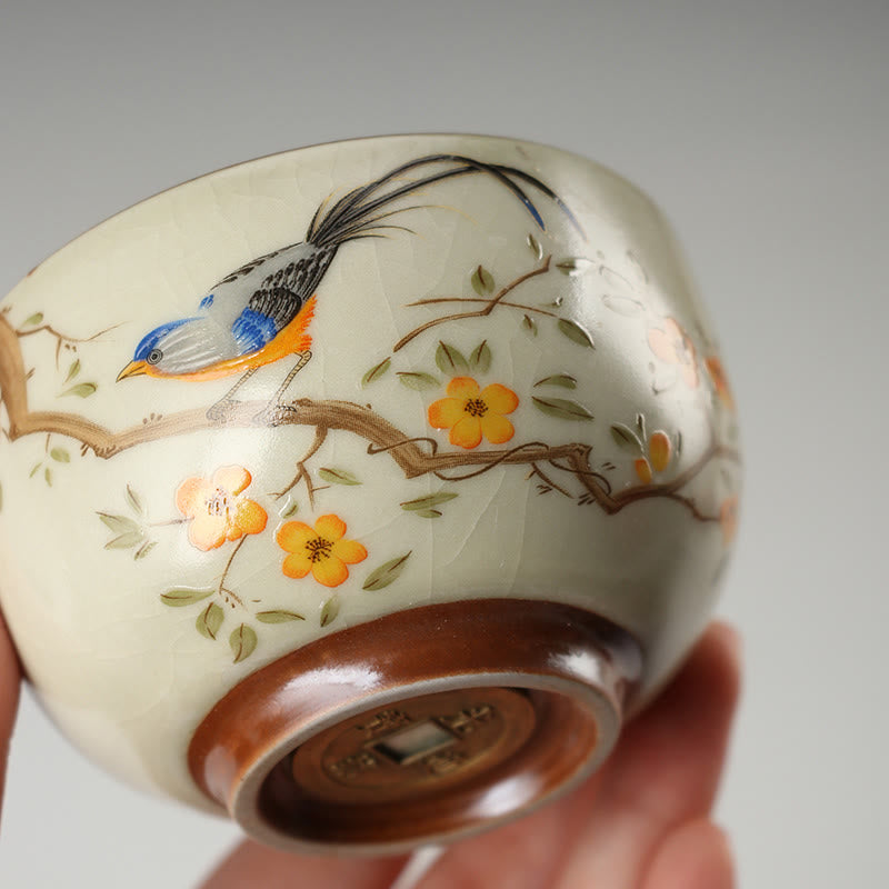 Nimara Ritual Bird On Branches Copper Coin Teacup Kung Fu Tea Cup