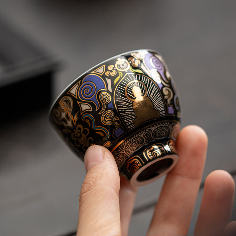 Nimara Ritual Black Thangka Buddha Auspicious Clouds Teacup Kung Fu Tea Cup