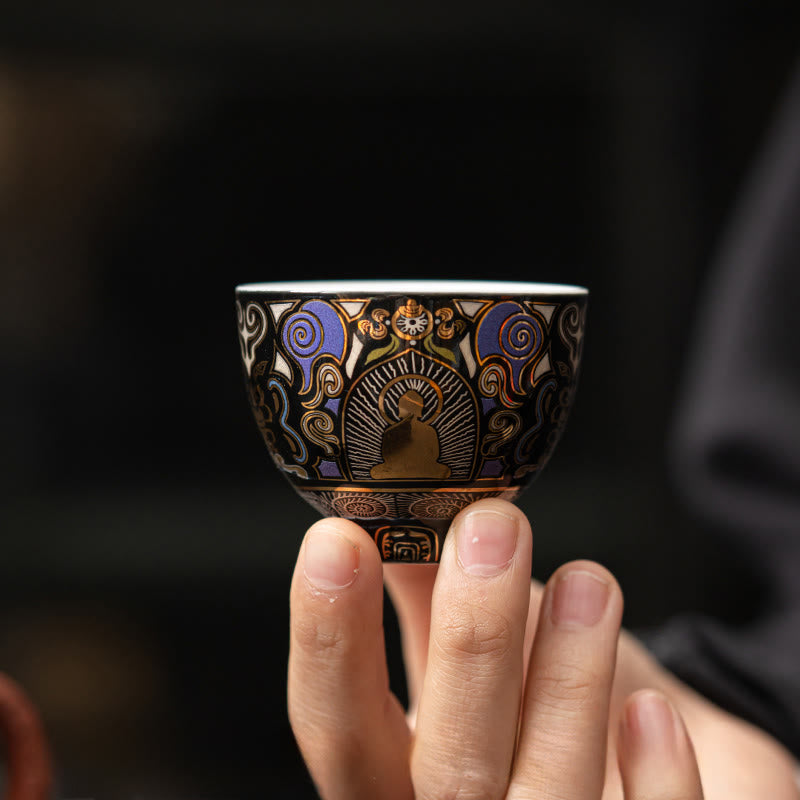 Nimara Ritual Black Thangka Buddha Auspicious Clouds Teacup Kung Fu Tea Cup