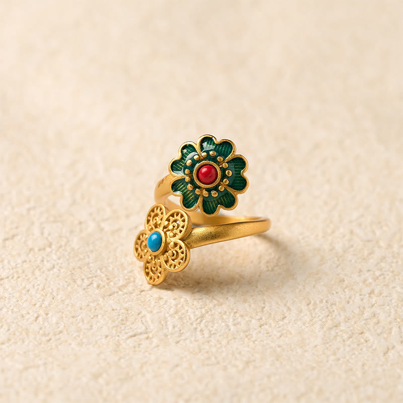 Nimara Ritual Double Petals Copper Dripping Turquoise Wealth Ring