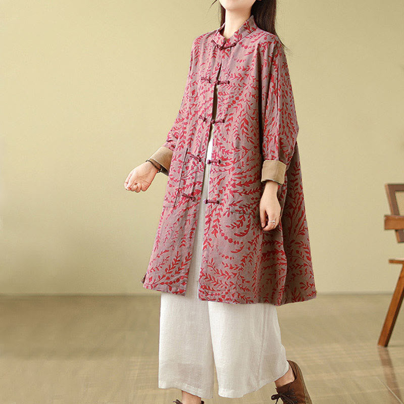 Nimara Ritual Frog-button Vine Leaves Women's Coat With Pockets