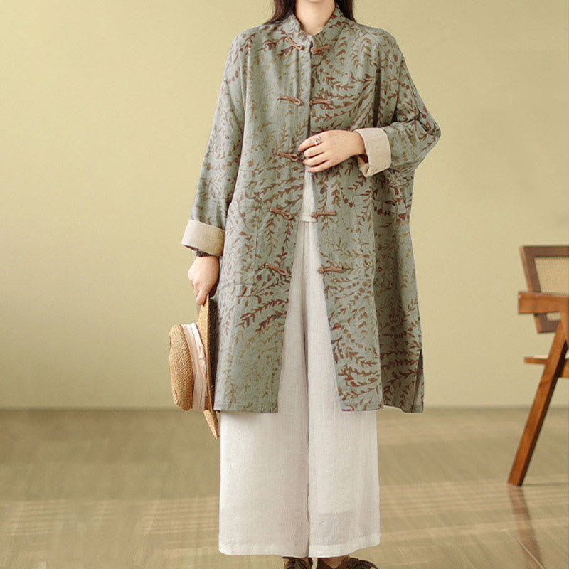 Nimara Ritual Frog-button Vine Leaves Women's Coat With Pockets