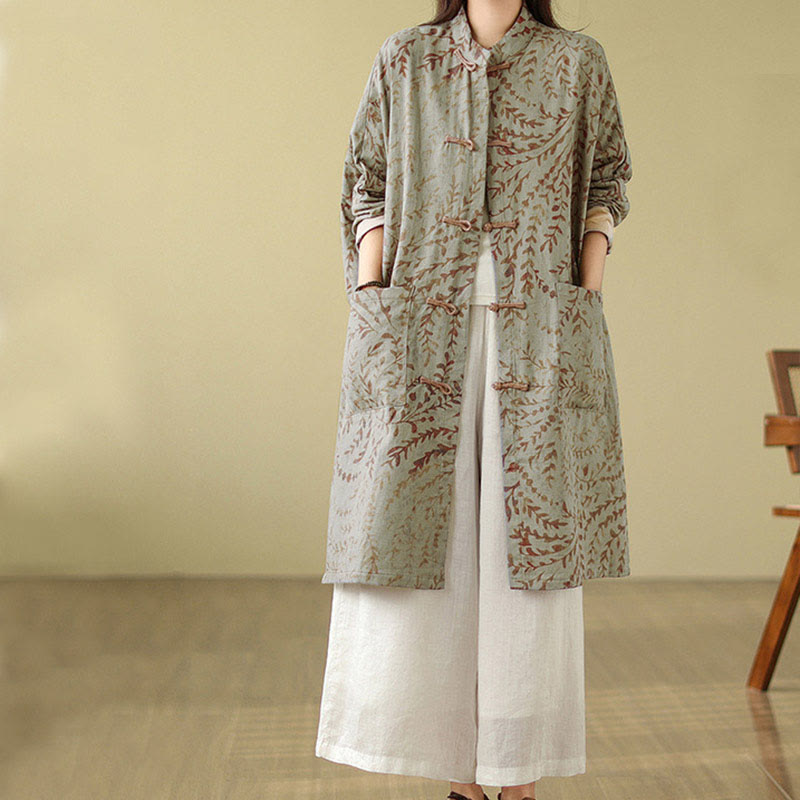 Nimara Ritual Frog-button Vine Leaves Women's Coat With Pockets
