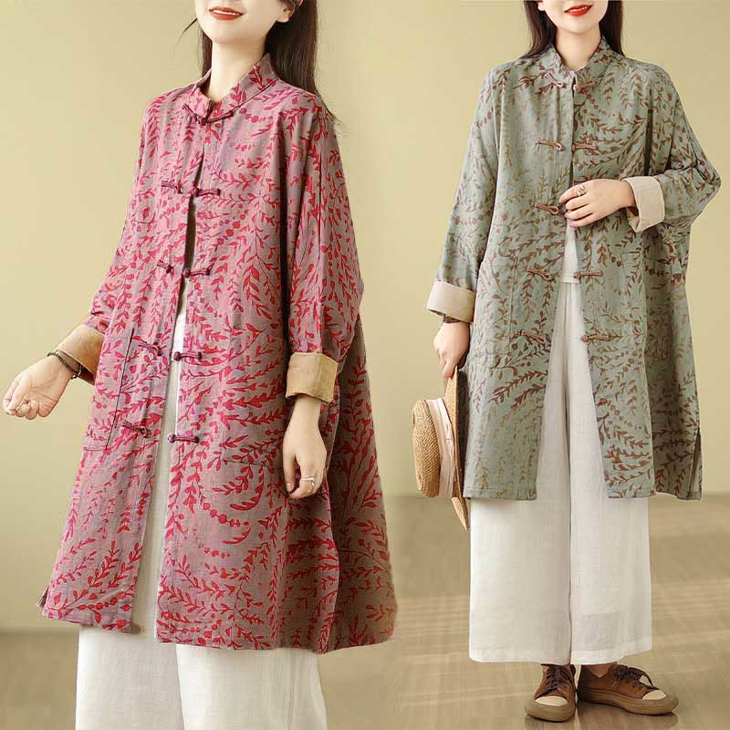 Nimara Ritual Frog-button Vine Leaves Women's Coat With Pockets