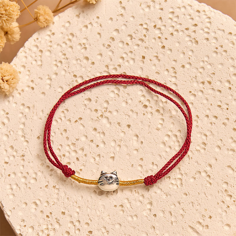Nimara Ritual 925 Sterling Silver Cute Cat Red String Braided Bracelet