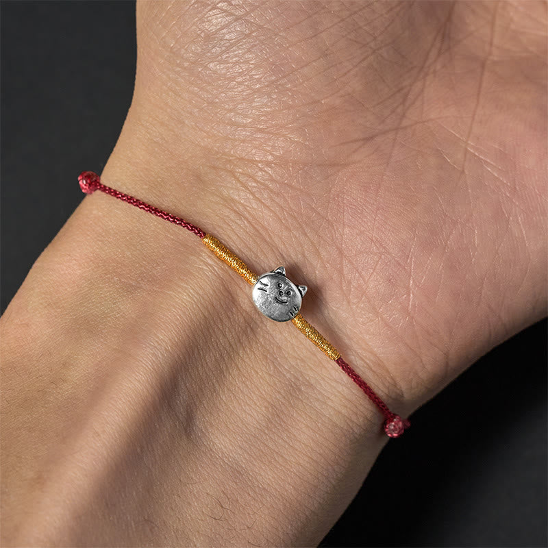 Nimara Ritual 925 Sterling Silver Cute Cat Red String Braided Bracelet