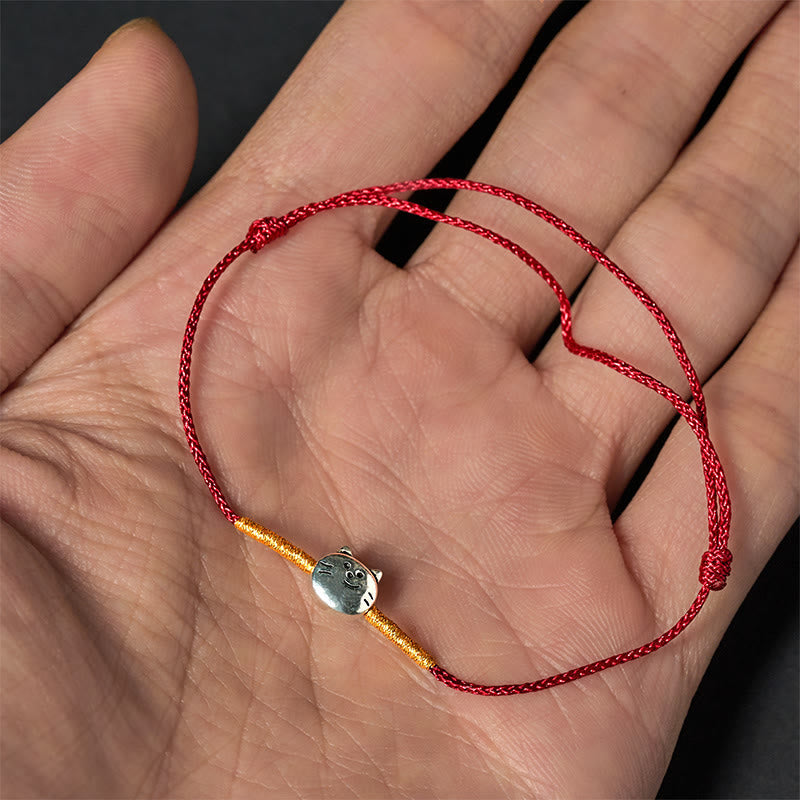 Nimara Ritual 925 Sterling Silver Cute Cat Red String Braided Bracelet