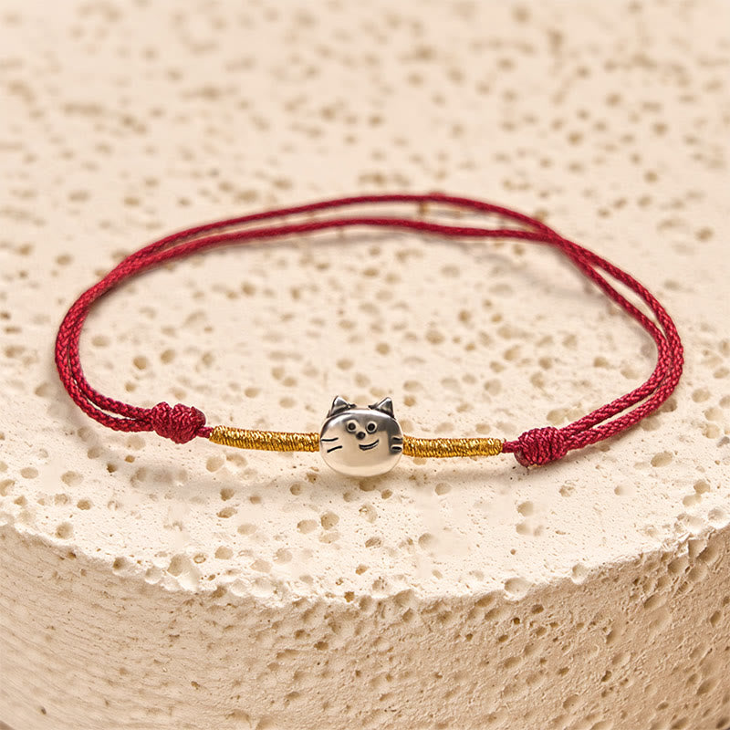 Nimara Ritual 925 Sterling Silver Cute Cat Red String Braided Bracelet