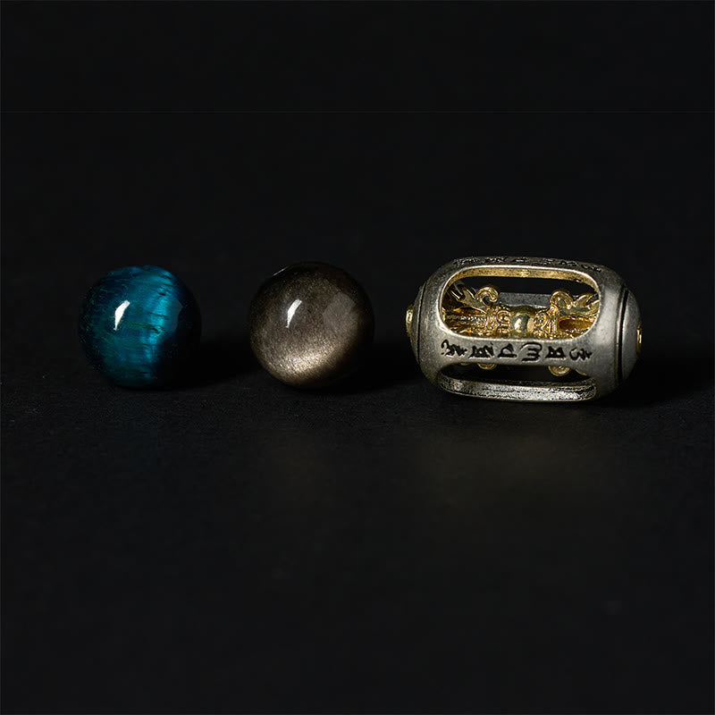 Nimara Ritual Natural Silver Sheen Obsidian Blue Tiger Eye Om Mani Padme Hum Soothing Bracelet