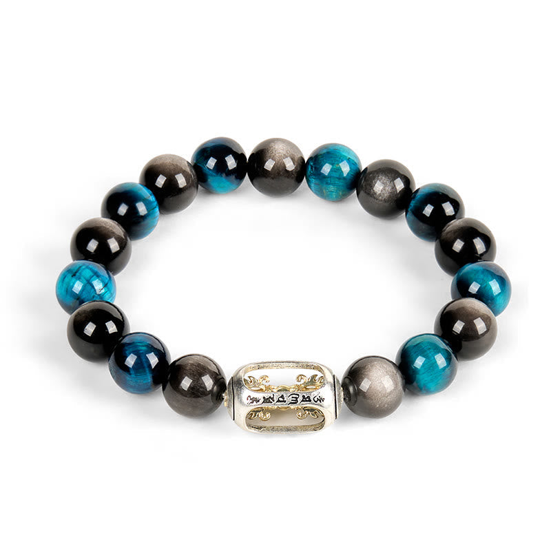 Nimara Ritual Natural Silver Sheen Obsidian Blue Tiger Eye Om Mani Padme Hum Soothing Bracelet