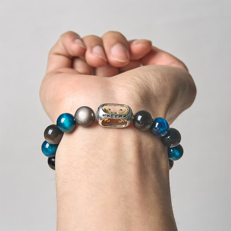 Nimara Ritual Natural Silver Sheen Obsidian Blue Tiger Eye Om Mani Padme Hum Soothing Bracelet