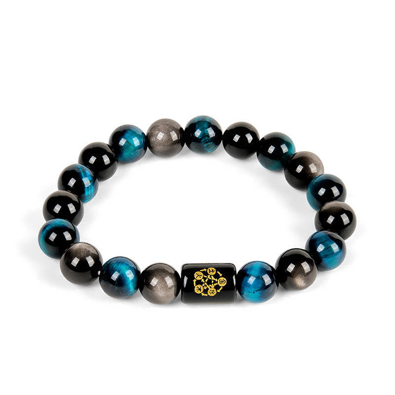 Nimara Ritual Silver Sheen Obsidian Blue Tiger Eye Black Onyx Five Elements Protection Bracelet