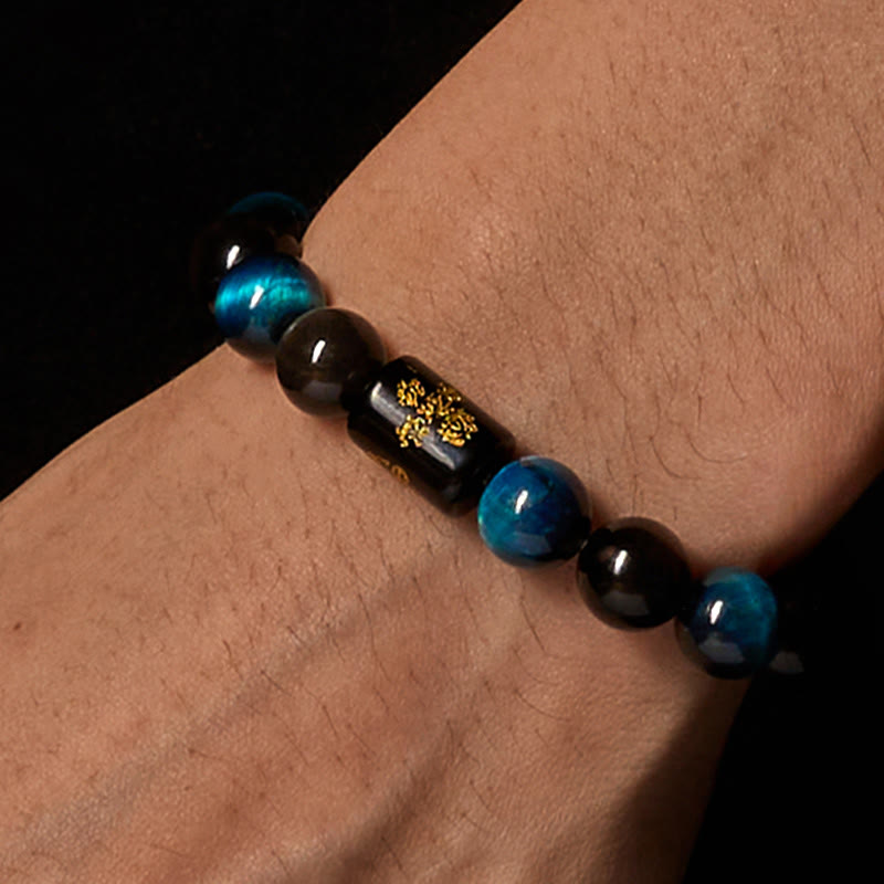 Nimara Ritual Silver Sheen Obsidian Blue Tiger Eye Black Onyx Five Elements Protection Bracelet