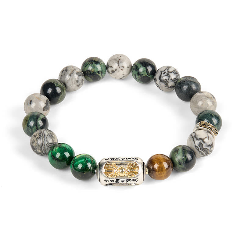 Nimara Ritual Natural Grey Jasper Kambamba Jasper Tiger Eye Om Mani Padme Hum Protection Bracelet