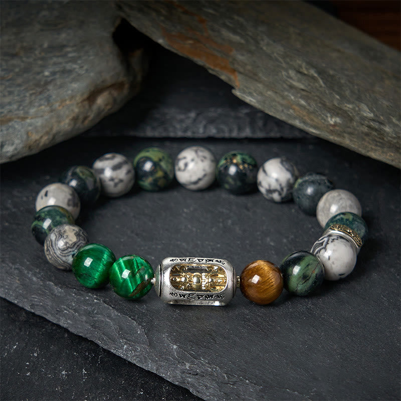 Nimara Ritual Natural Grey Jasper Kambamba Jasper Tiger Eye Om Mani Padme Hum Protection Bracelet