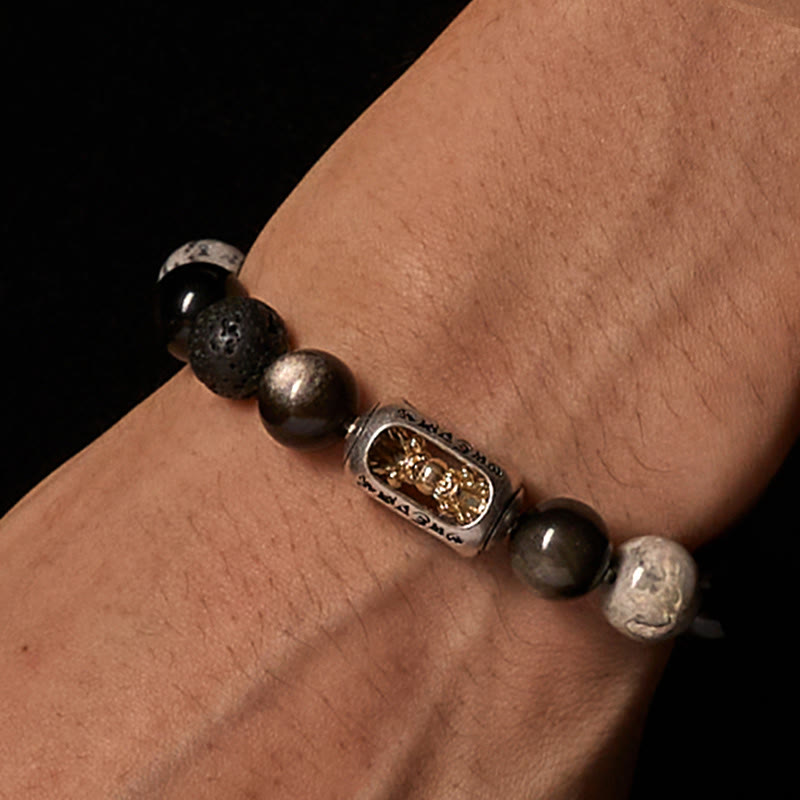 Nimara Ritual Silver Sheen Obsidian Lava Rock Grey Jasper Om Mani Padme Hum Vajra Soothing Bracelet
