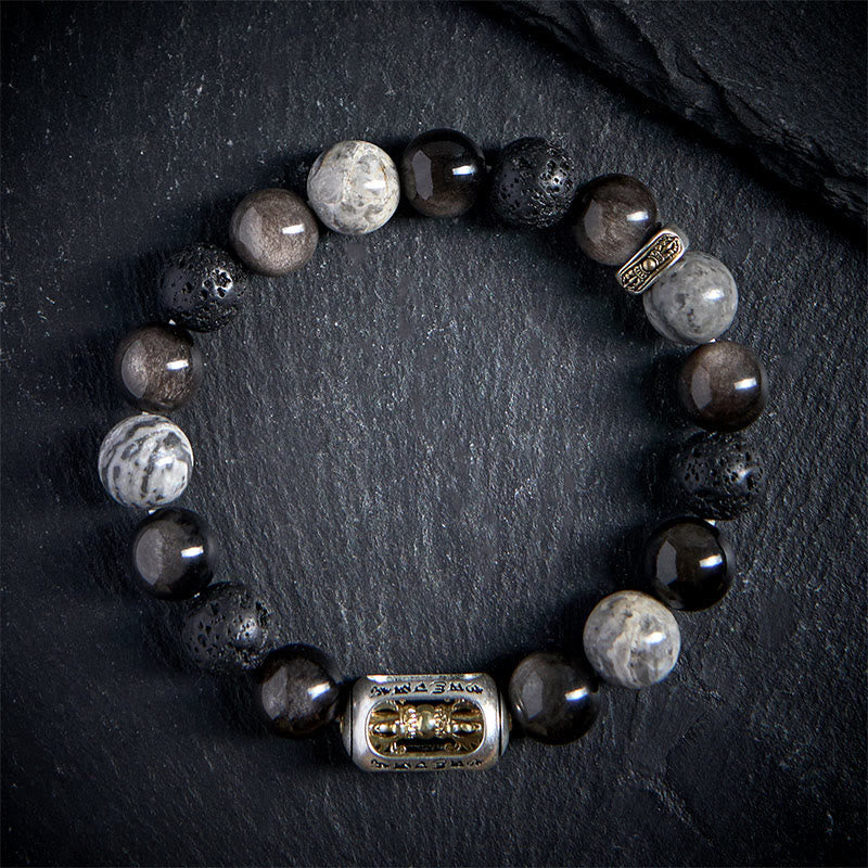 Nimara Ritual Silver Sheen Obsidian Lava Rock Grey Jasper Om Mani Padme Hum Vajra Soothing Bracelet