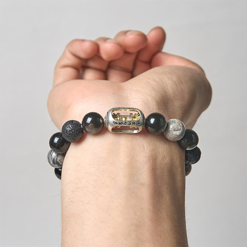 Nimara Ritual Silver Sheen Obsidian Lava Rock Grey Jasper Om Mani Padme Hum Vajra Soothing Bracelet