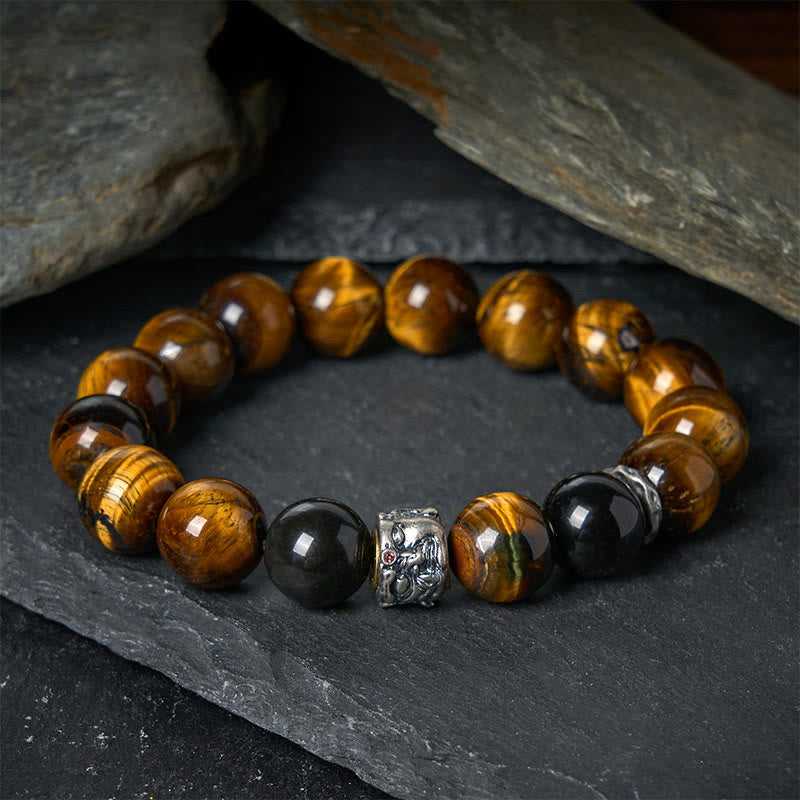 Nimara Ritual Tiger Eye Silver Sheen Obsidian Meditation Buddha Head Protection Bracelet