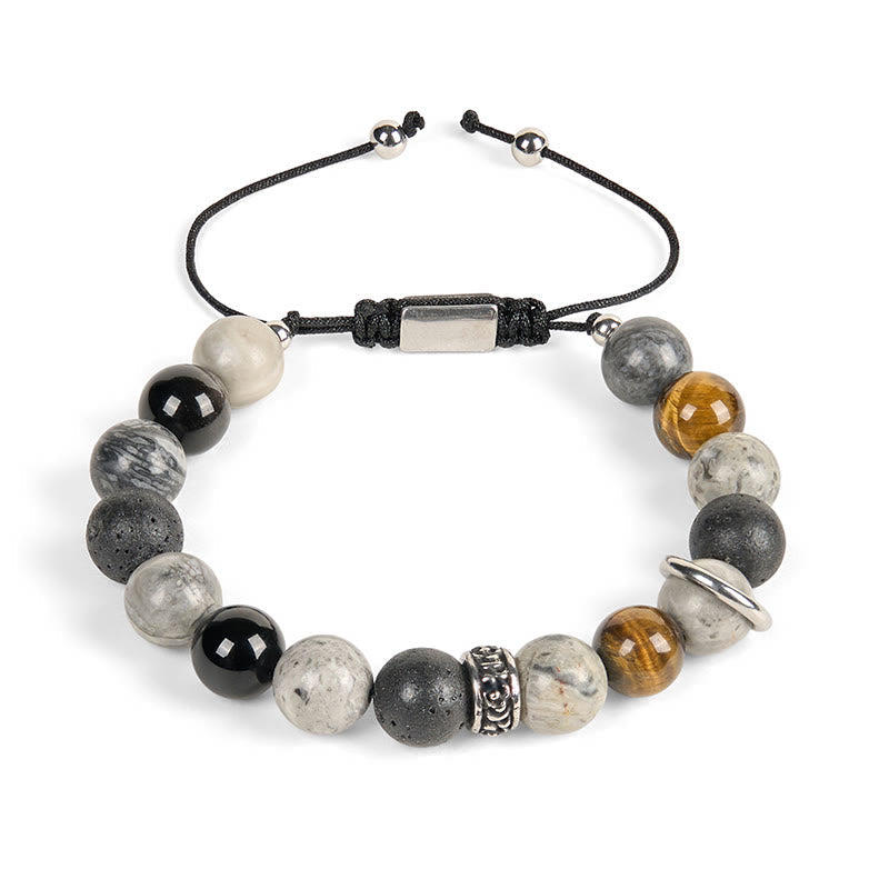 Nimara Ritual Grey Jasper Lava Rock Silver Sheen Obsidian Tiger Eye Healing Bracelet