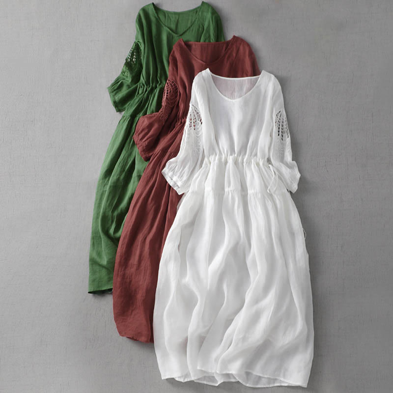 Nimara Ritual Embroidery Patchwork Long Puff Sleeve Drawstring Midi Dress With Pockets