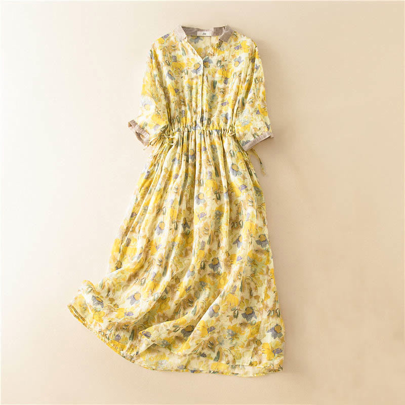 Nimara Ritual Half Sleeve Color Contrast Floral Pattern Midi Dress With Pockets