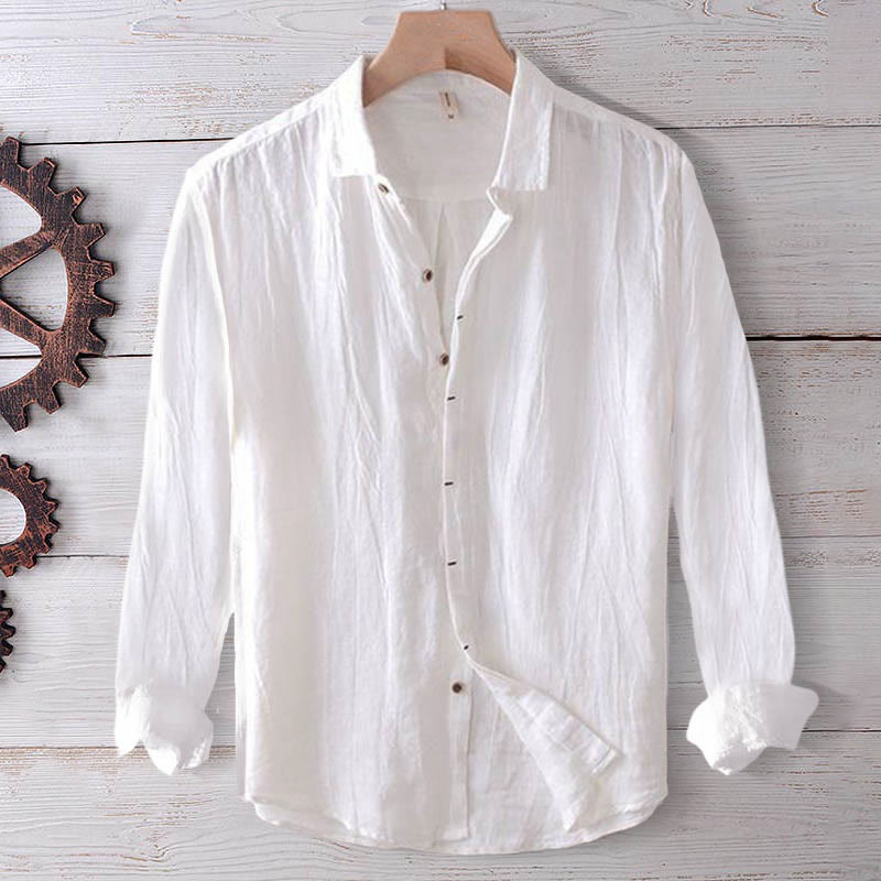 Nimara Ritual Men's Shirt Solid Color Lapel Top Long Sleeve Comfy Button Crease Cotton Linen Shirt