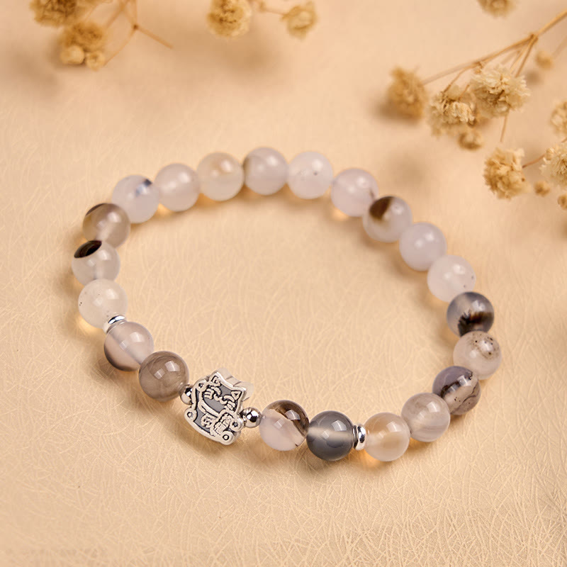 Nimara Ritual 925 Sterling Silver Calico Cat Natural Agate Stone Protection Bracelet