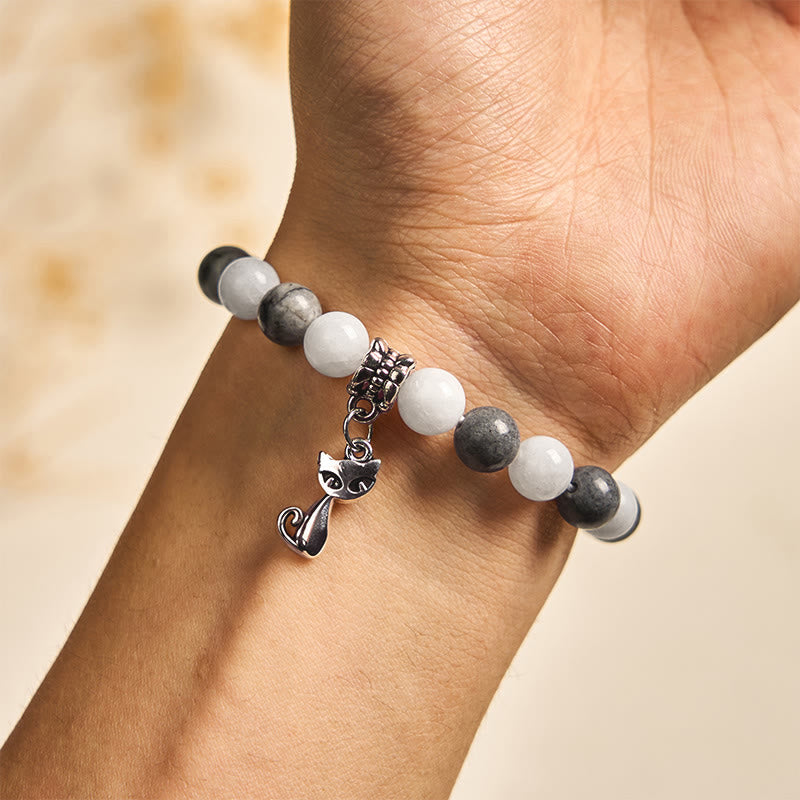 Nimara Ritual Grey Tabby Cat Natural Black Veined Jasper White Chalcedony Stability Bracelet