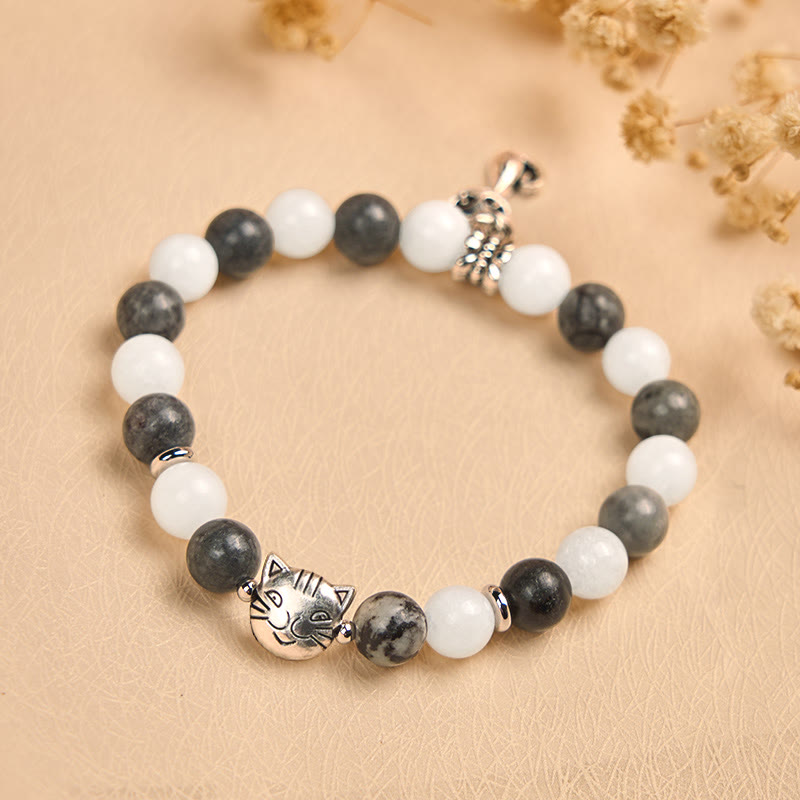 Nimara Ritual Grey Tabby Cat Natural Black Veined Jasper White Chalcedony Stability Bracelet