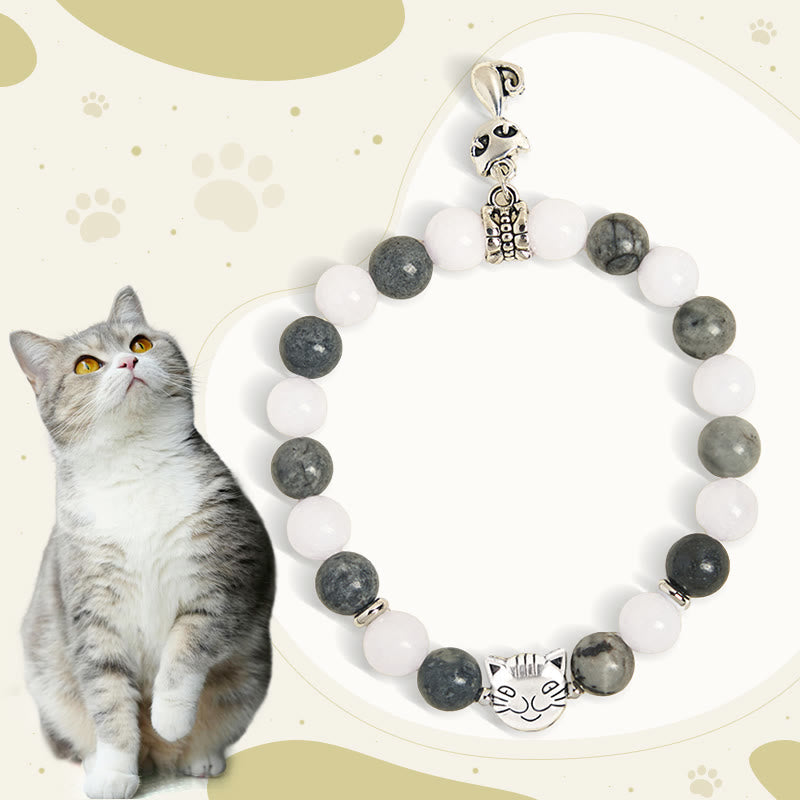 Nimara Ritual Grey Tabby Cat Natural Black Veined Jasper White Chalcedony Stability Bracelet