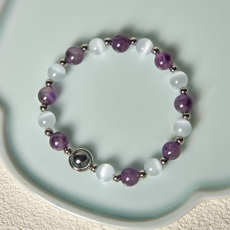 Nimara Ritual Natural Amethyst White Cat's Eye Beads Balance Bracelet