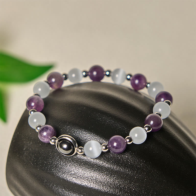 Nimara Ritual Natural Amethyst White Cat's Eye Beads Balance Bracelet
