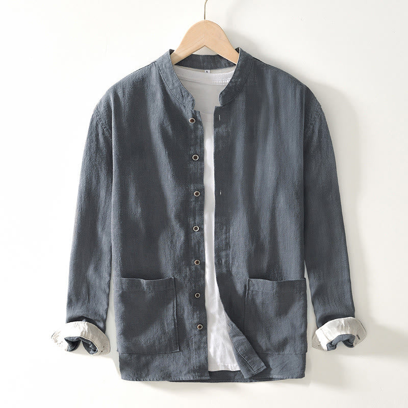Nimara Ritual Fall Solid Long Sleeve Buttons Men's Ramie Cotton Shirt With Pockets