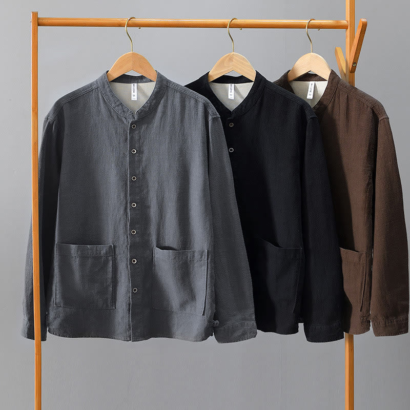 Nimara Ritual Fall Solid Long Sleeve Buttons Men's Ramie Cotton Shirt With Pockets