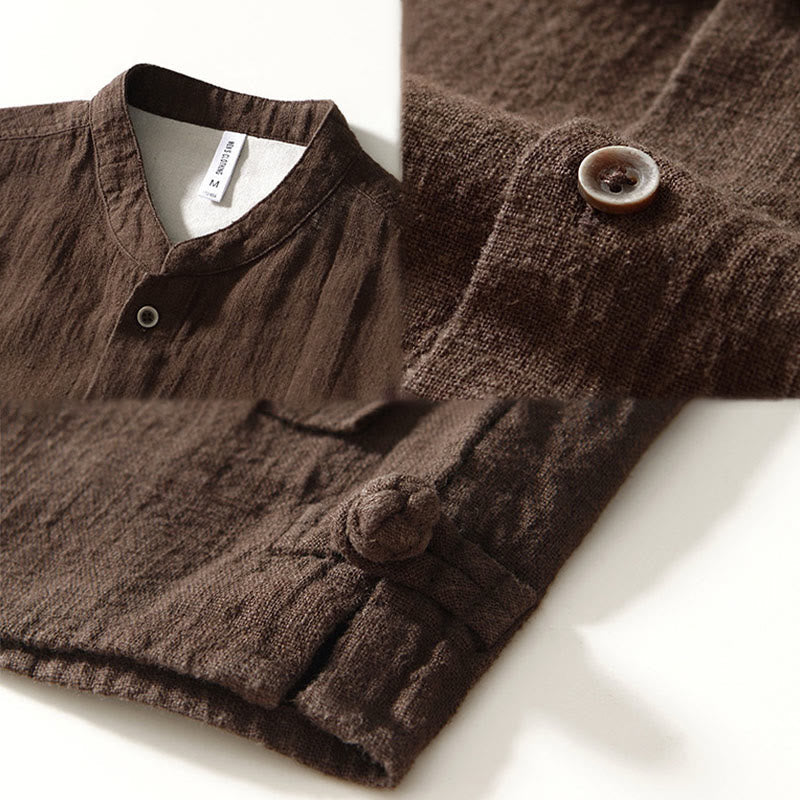 Nimara Ritual Fall Solid Long Sleeve Buttons Men's Ramie Cotton Shirt With Pockets