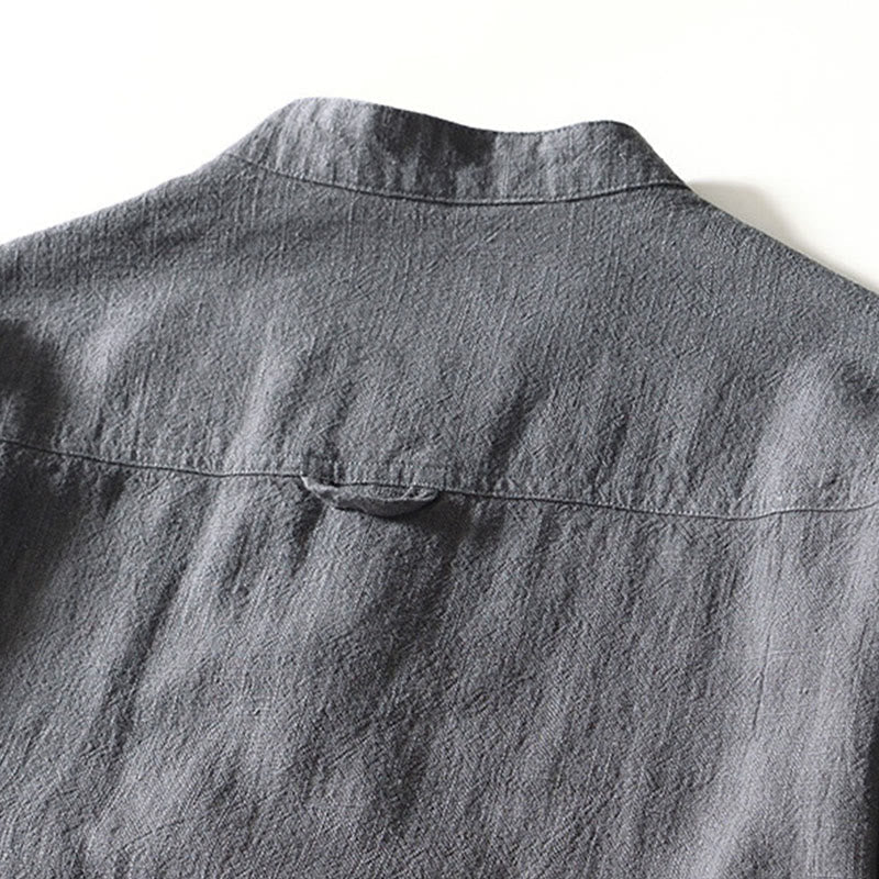 Nimara Ritual Fall Solid Long Sleeve Buttons Men's Ramie Cotton Shirt With Pockets