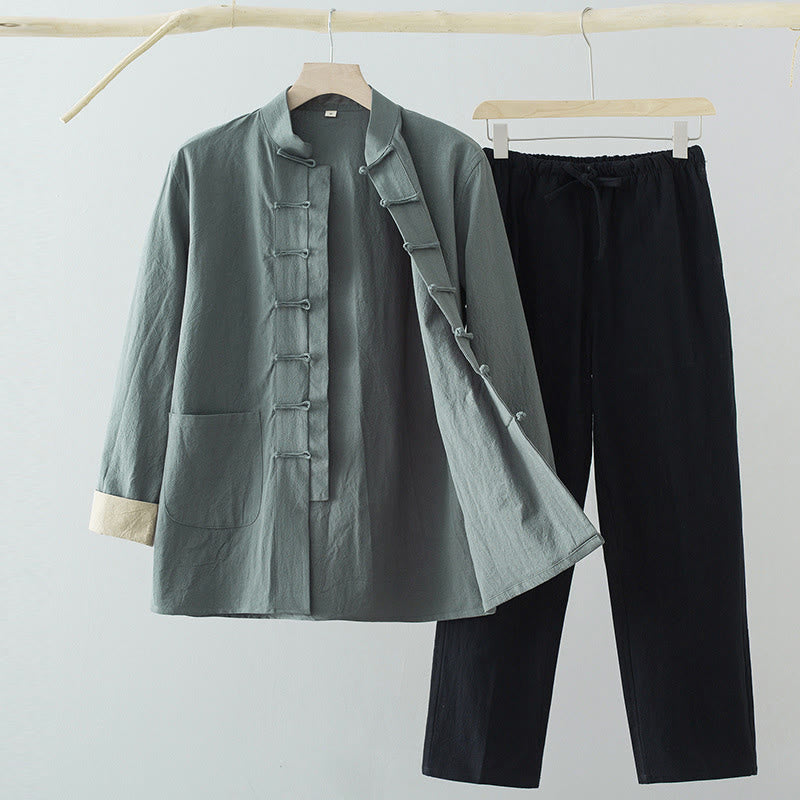 Nimara Ritual 2Pcs Tang Suit Men's Frog-Button Cotton Long Sleeve Shirt Pants Set With Pockets