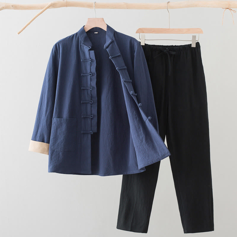 Nimara Ritual 2Pcs Tang Suit Men's Frog-Button Cotton Long Sleeve Shirt Pants Set With Pockets