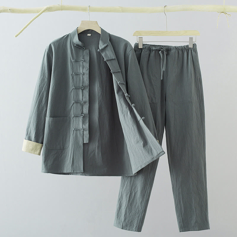 Nimara Ritual 2Pcs Tang Suit Men's Frog-Button Cotton Long Sleeve Shirt Pants Set With Pockets
