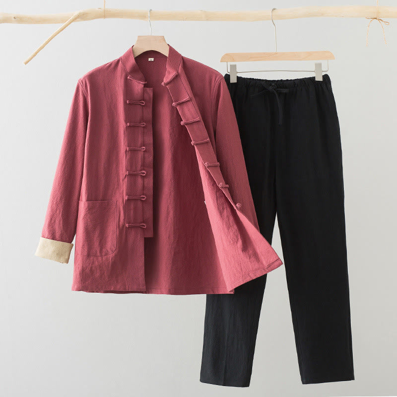 Nimara Ritual 2Pcs Tang Suit Men's Frog-Button Cotton Long Sleeve Shirt Pants Set With Pockets