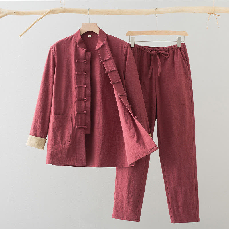 Nimara Ritual 2Pcs Tang Suit Men's Frog-Button Cotton Long Sleeve Shirt Pants Set With Pockets