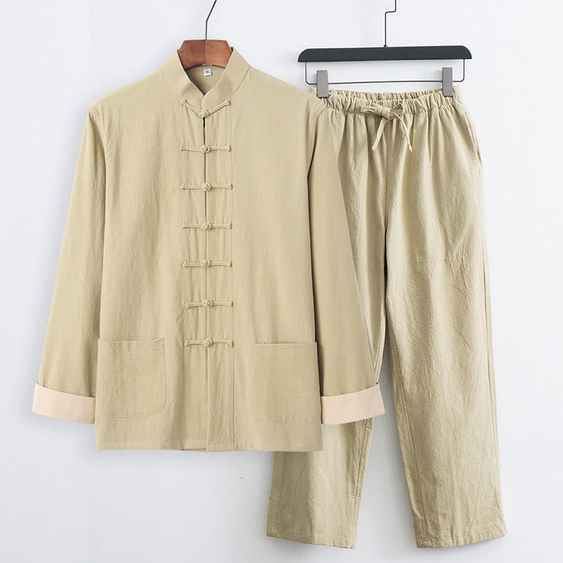 Nimara Ritual 2Pcs Tang Suit Men's Frog-Button Cotton Long Sleeve Shirt Pants Set With Pockets